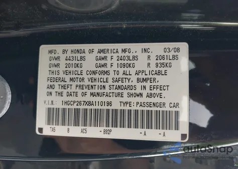 2008 Honda Accord 2.4 Ex from USA, damaged, VIN 1HGCP267X8A110196